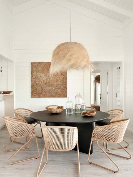 rattan pendant light in a california casual dining room