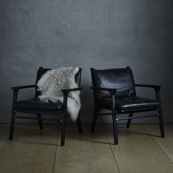 Black leather danish chairs. 